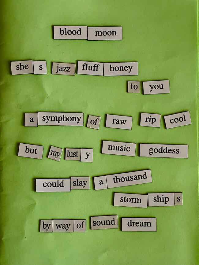 photo poem reads: she's jazz-fluff honey to you, a symphony of raw-rip cool, but my lusty music-goddess, could slay a thousand storm-ships,
by way of sound-dream