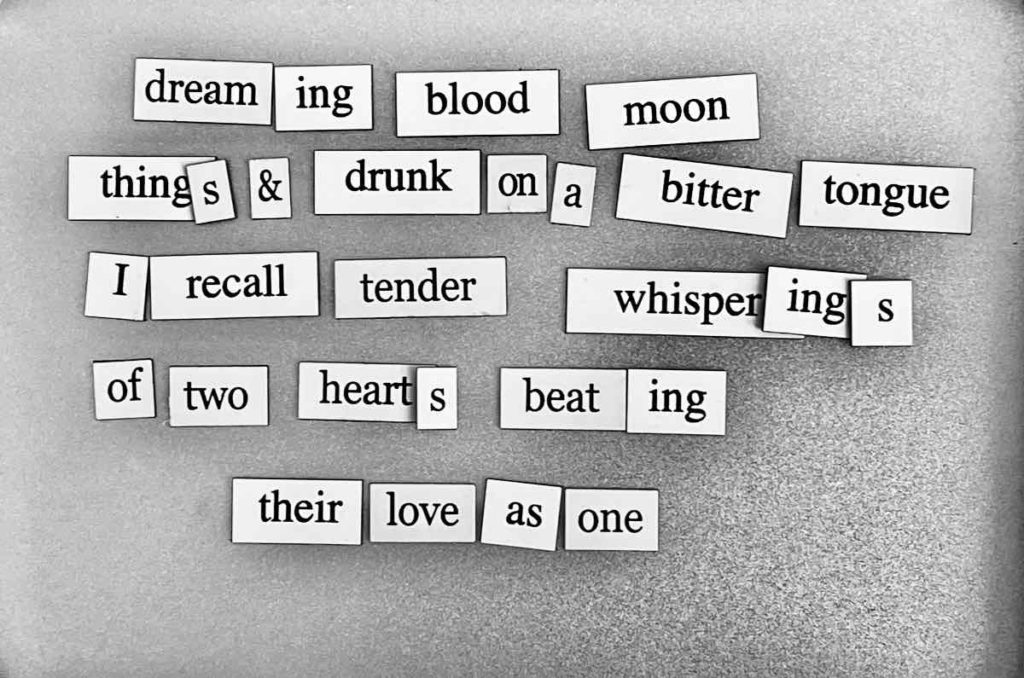 magnetic word poem reads: dreaming blood moon things
and drunk on a bitter tongue,
I recall tender whisperings
of two hearts beating their love as one